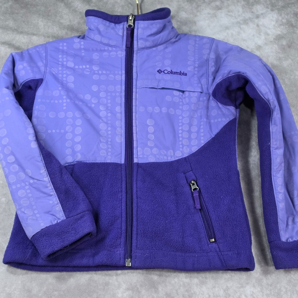 Columbia Fleece Jacket Kids XS 6/7 Purple Excellent Full Zip Dot Print Overlay